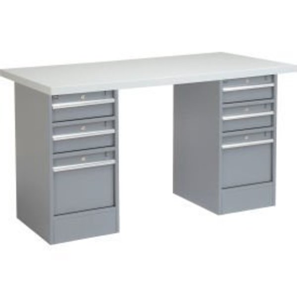 Global Equipment 96 x 30 Pedestal Workbench - 6 Drawers, Plastic Laminate Square Edge - Gray 318881